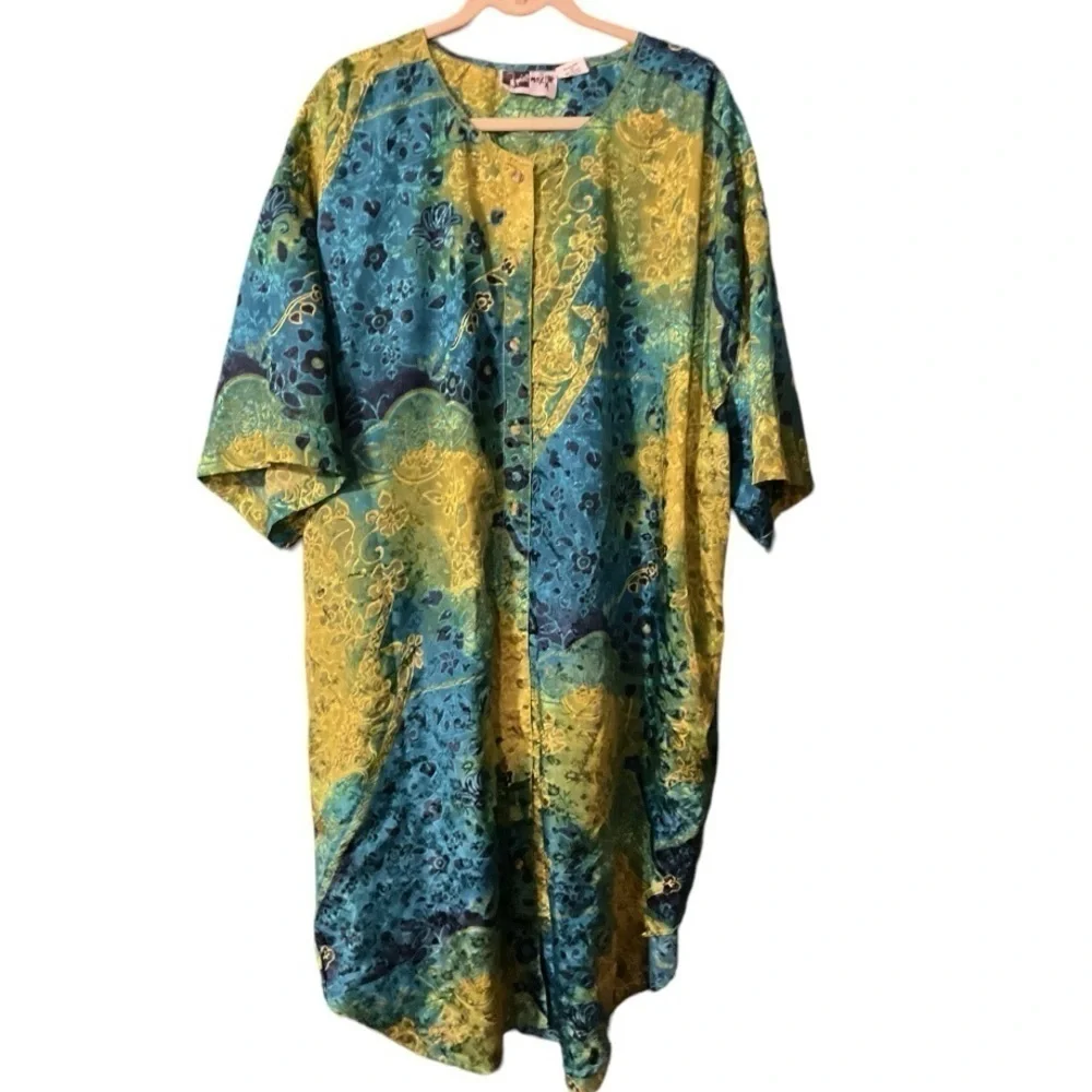 Mira Max Button Up One Size Cover Up/Resort Wear/Kaftan Blue Green Yellow - Picture 1 of 7